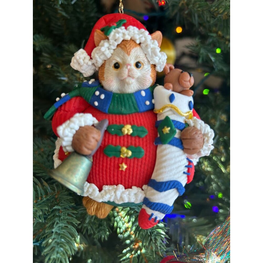 Vintage Traditions Kitten Santa Christmas Ornament Holding Bear & Stocking A few